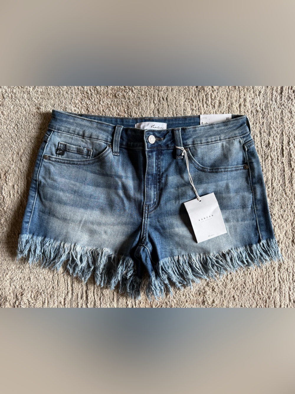 KanCan Med Blue Frayed Hem Denim Shorts